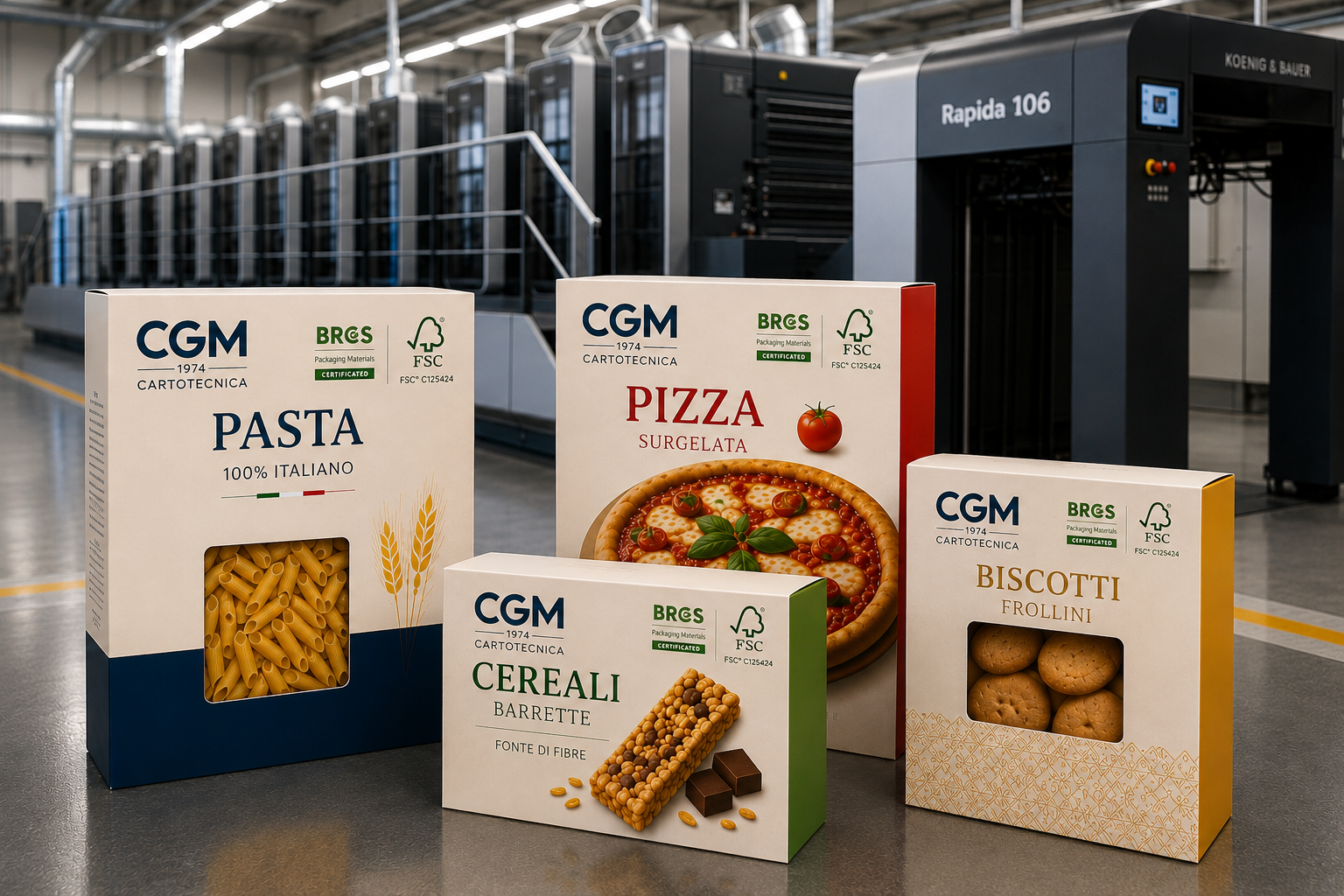 Cartotecnica industriale CGM Packaging con KBA Rapida 106 e astucci alimentari in cartoncino teso